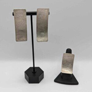 BALAAM BRUSHED STERLING SILVER MODERNIST EARRINGS & Ring Set (ring size 7)